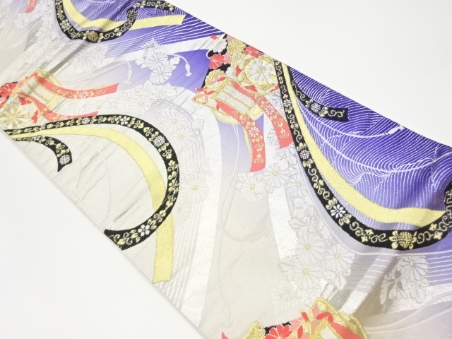 JAPANESE KIMONO / VINTAGE FUKURO OBI / WOVEN CARRIAGE & FLOWERS